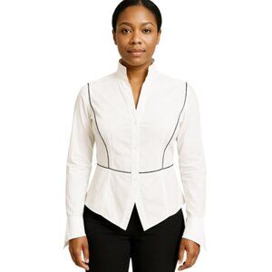 Anne Fontaine Medium White Split Neck Long Asymmetrical Cuff Pleat Detail Blouse